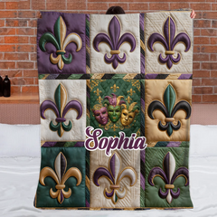 Fleur De Lis Mardi Gras Customized Blanket - Personalized Name - Holiday Gift for Friends