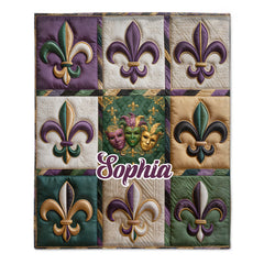 Fleur De Lis Mardi Gras Customized Blanket - Personalized Name - Holiday Gift for Friends