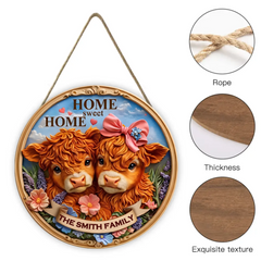 Home Sweet Home With Cows And Flowers Customized Wooden Doorplates - Personalized Name Door Sign - Gift For Families And Animal Lovers