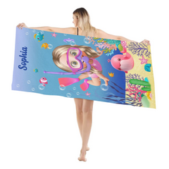 Cute Diving Kid Sea Animal Customized Beach Towel - Personalized Cartoon Characters And Name - Vacation Gift