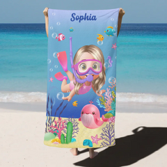 Cute Diving Kid Sea Animal Customized Beach Towel - Personalized Cartoon Characters And Name - Vacation Gift