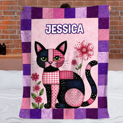 Custom Patchwork Cat Floral Blanket - Personalized Name Cute Quilted Cat Design - Gift for Cat Lovers, Daughter, Granddaughter, Friends