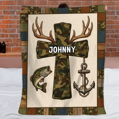 Faith And Outdoors Camo Cross Customized Blanket – Personalized Name - Gifts For Fishing Enthusiasts, Outdoor lovers
