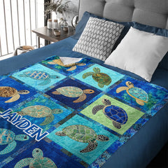 Customized Blue Oceanic Sea Turtle Blanket - Personalized Name – Gift For Oceanic & Sea Lovers