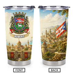 Puerto Rican Family Crest Customized Thermos Cup - Personalized Name - Gift For Dad, Husband, Grandpa