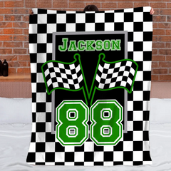 Personalized Racing Flag Blanket - Custom Name & Number Soft Throw - Gift For Racing Fans