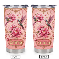 Personalized Hummingbird Floral Tumbler - Custom Name Purple & Pink Flower Cup - Gift For Her