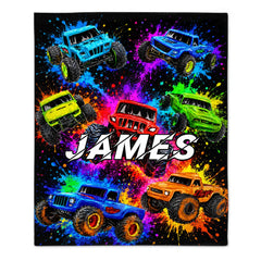 Personalized Graffiti Monster Truck Blanket - Custom Name Colorful Bigfoot Truck Plush Fleece Blanket - Gift For Boys & Kids