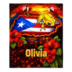 Personalized Puerto Rico Heritage Blanket - Custom Name Coquí Frog & Parrot Tropical Throw - Gift For Puerto Ricans