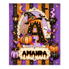 Personalized Halloween Alphabet Blanket - Custom Initial & Name Spooky Pumpkin Blanket - Gift For Kids