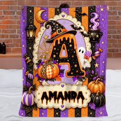 Personalized Halloween Alphabet Blanket - Custom Initial & Name Spooky Pumpkin Blanket - Gift For Kids