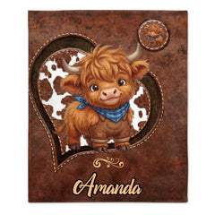 Personalized Highland Cow Blanket - Custom Name Heart Pattern Cozy Throw - Gift For Highland Cow Lovers