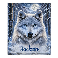 Personalized Winter Wolf Blanket - Custom Name Moonlight Snow Wolf Blanket - Gift For Wolf Lovers