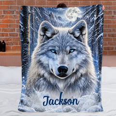 Personalized Winter Wolf Blanket - Custom Name Moonlight Snow Wolf Blanket - Gift For Wolf Lovers