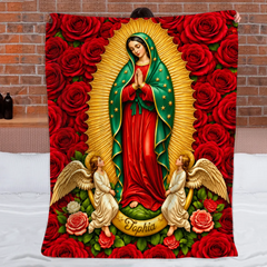 Personalized Our Lady of Guadalupe Blanket – Custom Name Virgin Mary with Guardian Angels & Red Roses – Gift For Catholics