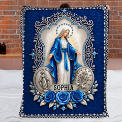 Personalized Miraculous Virgin Mary Blanket – Custom Name Blue Rose & Miraculous Medal Catholic Blanket – Gift For Catholics