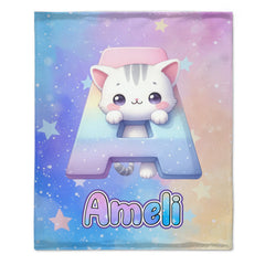 Custom Cat Blanket with Name - Personalized Kids Initial Throw - Gift for Daughter Son Birthday
