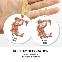 Customized Elf Initial Ceramic Ornament, Personalized Name And Initial, Christmas Gift for kids, Party gatherings