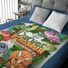 Custom Dinosaur Adventure Blanket – Personalized Jungle Dino Throw – Gift for Boys