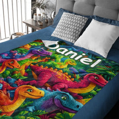 Custom Colorful Dinosaur Blanket – Personalized Dino Jungle Throw – Gift for Kids