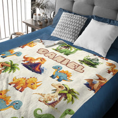 Custom Cartoon Dinosaur Blanket – Personalized Dino Fleece Blanket – Gift for Boys and Girls