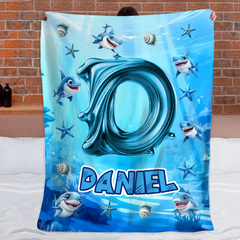Custom Shark Blanket – Personalized Initial and Name Ocean Blanket – Gift for Kids
