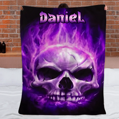 Custom Skull Purple Fire Blanket – Personalized Name Flannel Blanket - Home Decoration Gifts