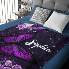 Purple Butterfly Flower Custom Blanket - Personalized Name - Gifts for Girl, Woman