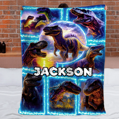Customized Dinosaur Blue Flame Splice Print Blanket - Personalized Name - Gifts For Kids, Dinosaur Lovers