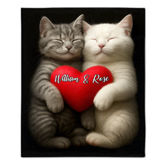Romantic Love Cat Pattern Customized Blanket - Personalized Name - Gifts For Couple, Cat Lovers, Cat Owners