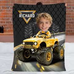 Monster Truck Customized Blanket – Personalized Photo and Name – Gift for Kids, Children
