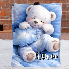 Adorable White Bear Custom Blanket – Personalized Name - Gift For Bear Lover, Children, Kids