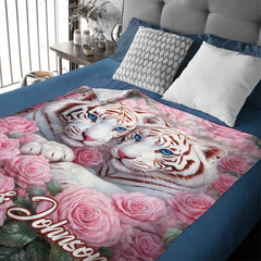 Blossoming Roses & White Tigers Customized Blanket –  Personalized Name - Gift For Animal Lovers