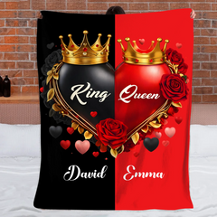 King & Queen Heart-Shaped Customized Blanket - Personalized Name - Gift For Him/Her, Couples