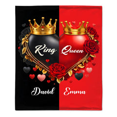 King & Queen Heart-Shaped Customized Blanket - Personalized Name - Gift For Him/Her, Couples