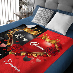 King & Queen Heart-Shaped Customized Blanket - Personalized Name - Gift For Him/Her, Couples