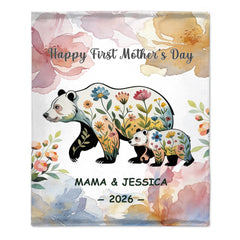 Floral Mom-Kid Bear Customized Soft Throw Blanket – Personalized Title, Text And Year – Home Decor Mother's Day Gift