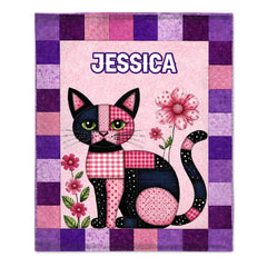 Custom Patchwork Cat Floral Blanket - Personalized Name Cute Quilted Cat Design - Gift for Cat Lovers, Daughter, Granddaughter, Friends