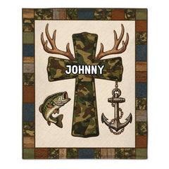 Faith And Outdoors Camo Cross Customized Blanket – Personalized Name - Gifts For Fishing Enthusiasts, Outdoor lovers