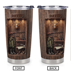 Personalized Hunting Deer Tumbler - Custom Name Wood Cabin Travel Mug - Gift For Hunters