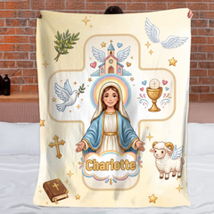 Personalized Baptism Virgin Mary & Jesus Blanket - Custom Name Christian Faith Blanket - Gift For Baby Boys And Girls