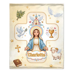 Personalized Baptism Virgin Mary & Jesus Blanket - Custom Name Christian Faith Blanket - Gift For Baby Boys And Girls
