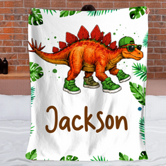 Cool T-Rex Dinosaur Blanket - Personalized Name Tropical Cozy Throw Blanket - Gift For Dinosaur Lovers