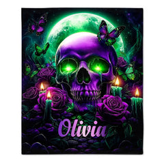 Personalized Purple Skull Blanket - Custom Name Moon, Rose & Butterfly Throw Blanket - Gift For Skull Lovers
