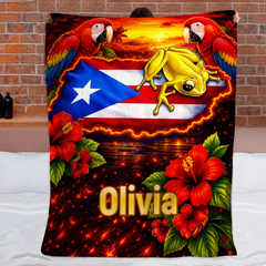 Personalized Puerto Rico Heritage Blanket - Custom Name Coquí Frog & Parrot Tropical Throw - Gift For Puerto Ricans