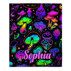 Personalized Psychedelic Mushroom Blanket - Custom Name Colorful Neon Mushroom Throw - Gift For Mushroom Lovers