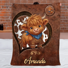 Personalized Highland Cow Blanket - Custom Name Heart Pattern Cozy Throw - Gift For Highland Cow Lovers