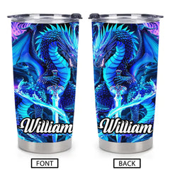 Personalized Mystic Blue Dragon Thermos Cup – Custom Name Fantasy Dragon Design – Gift For Dragon Lovers