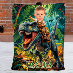 Personalized Dinosaur Adventure Blanket – Custom Name & Photo Flying Dinosaur Blanket – Gift For Kids & Dinosaur Lovers