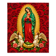 Personalized Our Lady of Guadalupe Blanket – Custom Name Virgin Mary with Guardian Angels & Red Roses – Gift For Catholics